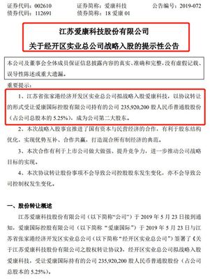 張家港經開區戰略入股 擬成為愛康科技第二大股東